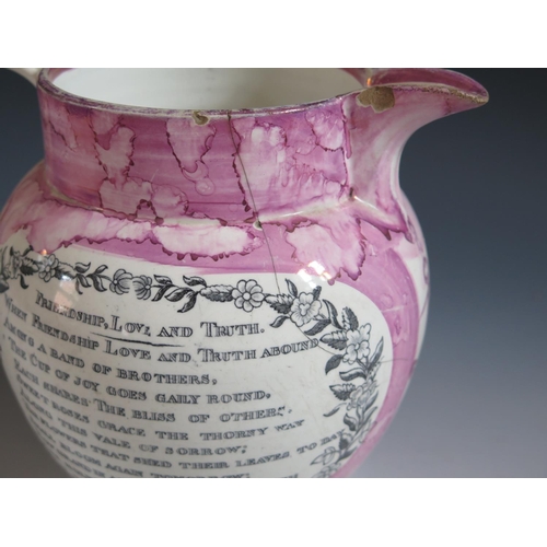 43 - A Sunderland Lustre Jug with monochrome decoration of The Iron Bridge and poetic text 'Friendship, L... 