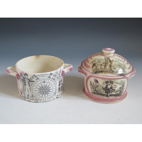 51 - Two Sunderland Lustre Two Handled Pots _ one decorated with two monochrome cartouche of a hunter and... 