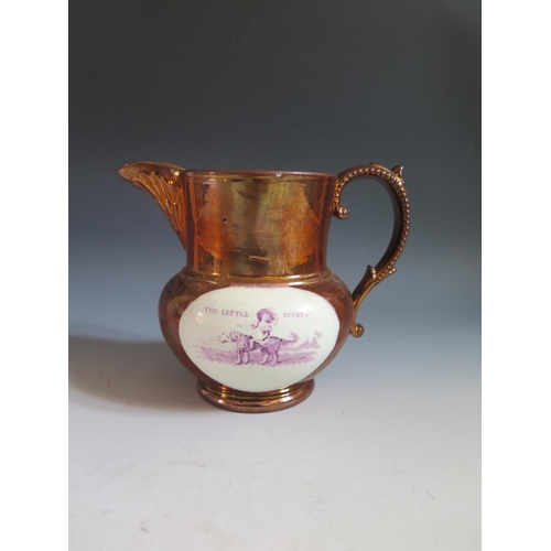 54 - A Sunderland Lustre Milk Jug with polychrome decoration and poetic text 'Ladies all I pray make free... 