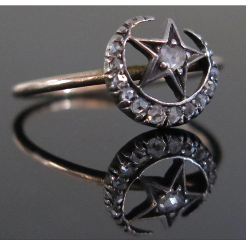 584 - A Georgian Diamond Crescent Moon and Star Ring, size R, 1.8g