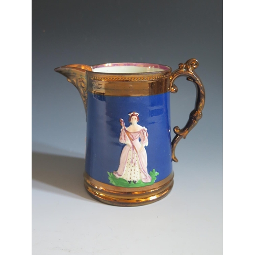 60 - A Victorian Copper Lustre Jug decorated with relief portraits of Queen Victorian and Prince Albert, ... 