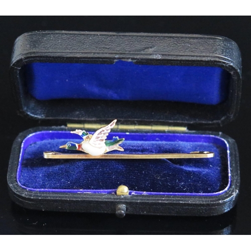 601 - A 15ct Gold and Enamel Mallard Duck Brooch, 51mm, 3.9g, boxed