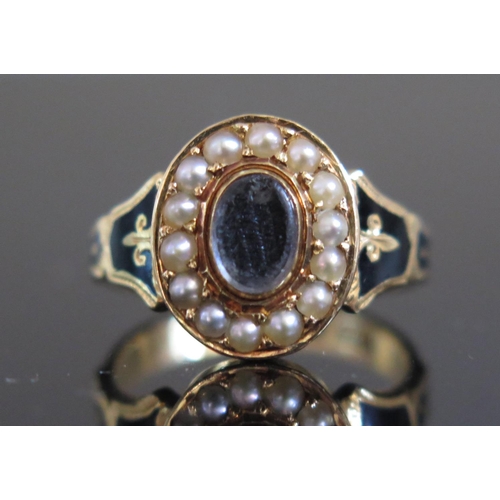 604 - A Georgian Style 18ct Gold and Black Enamel Memorial Ring set with pearls, inscribed 'My dear Sister... 