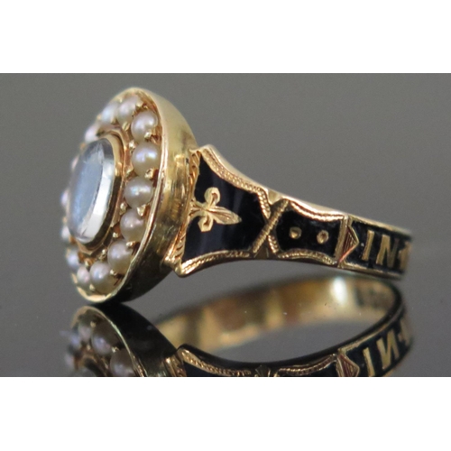 604 - A Georgian Style 18ct Gold and Black Enamel Memorial Ring set with pearls, inscribed 'My dear Sister... 