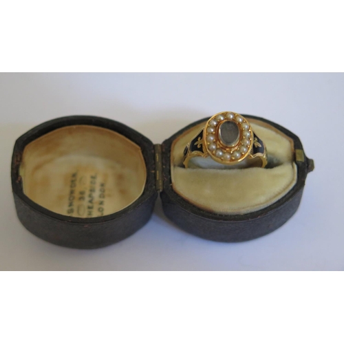 604 - A Georgian Style 18ct Gold and Black Enamel Memorial Ring set with pearls, inscribed 'My dear Sister... 