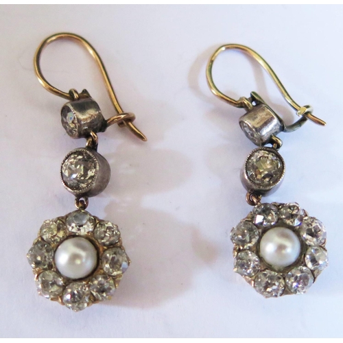 610 - A Pair of Victorian Old Cut Diamond and Pearl Pendant Earrings, largest diamond 4mm diam., 32mm drop... 