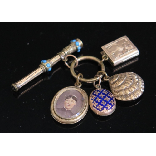 612 - A Small Victorian Gold Plated and Turquoise Inlaid Fob Pencil (42mm) and and four memorial charms