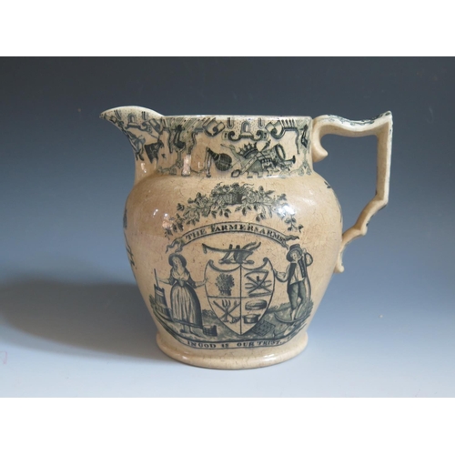 63 - A Nineteenth Century Jug decorated with The Farmer's Arms, 17cm, chip to lip