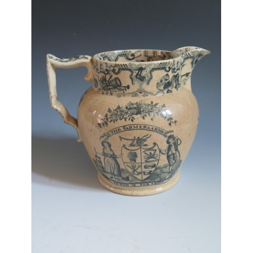 63 - A Nineteenth Century Jug decorated with The Farmer's Arms, 17cm, chip to lip