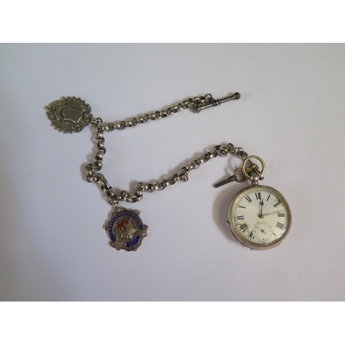 643 - A .800 Silver Open Dial Pocket Watch (running but badly damaged) on a silver Albert with two silver ... 