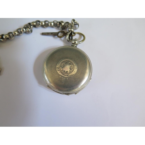 643 - A .800 Silver Open Dial Pocket Watch (running but badly damaged) on a silver Albert with two silver ... 