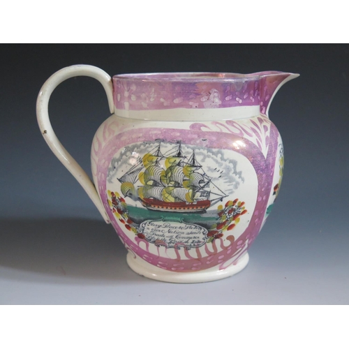9 - A Sunderland Lustre Jug _ The Mariner's Compass _ decorated in polychrome with compass, three masted... 