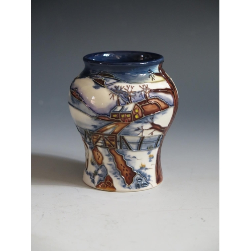 90 - A Modern Moorcroft Woodside Farm Pattern Baluster Vase, base marked 99, 8.5cm