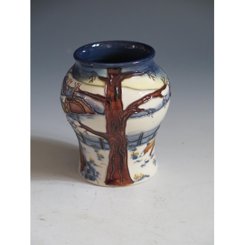 90 - A Modern Moorcroft Woodside Farm Pattern Baluster Vase, base marked 99, 8.5cm