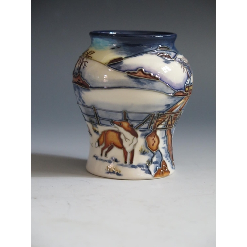 90 - A Modern Moorcroft Woodside Farm Pattern Baluster Vase, base marked 99, 8.5cm