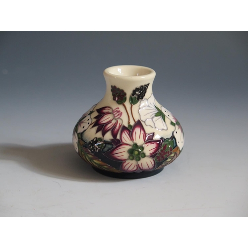 91 - A Modern Moorcroft Bramble Revisited Pattern Squat Vase, base marked 2010, 6cm, boxed