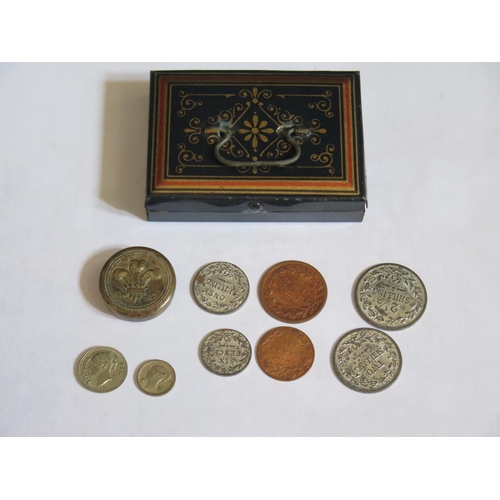 267 - A Selection of Oddments including a dolls house miniature Japanned money tin with miniature coins, T... 