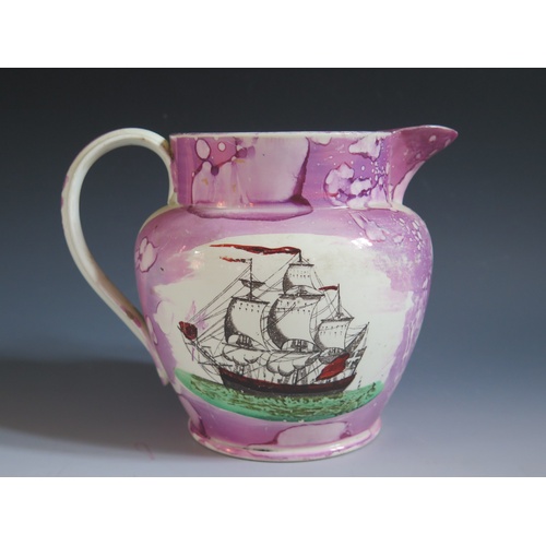 47 - A Sunderland Lustre Jug with polychrome decoration of a three masted ship and poetic text 'The loss ... 