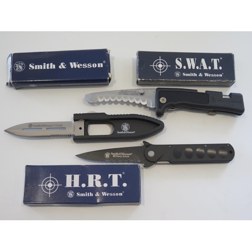 725 - Three Smith & Wesson Knives _ SWAT SW911 1st Response, SWVIP Viper and HRT MIS Military Stiletto Fol... 