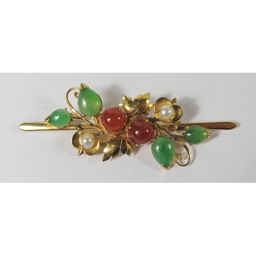 413 - A Chinese Jadeite, Agate & Pearl Floral Brooch in a high carat unmarked gold setting, maker's mark M... 