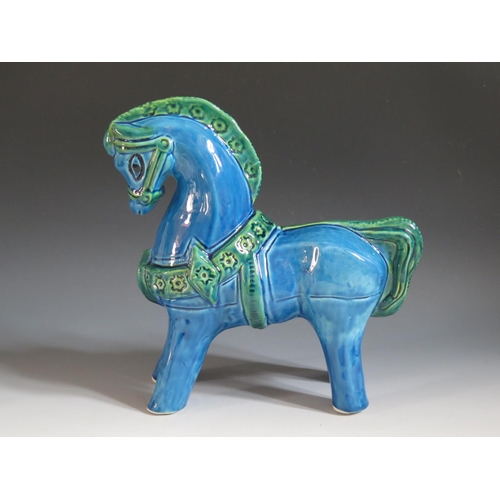 685a - A Bitossi Style Rimini Blue Majolica Horse, base of one foot marked ITALY, 28cm tall