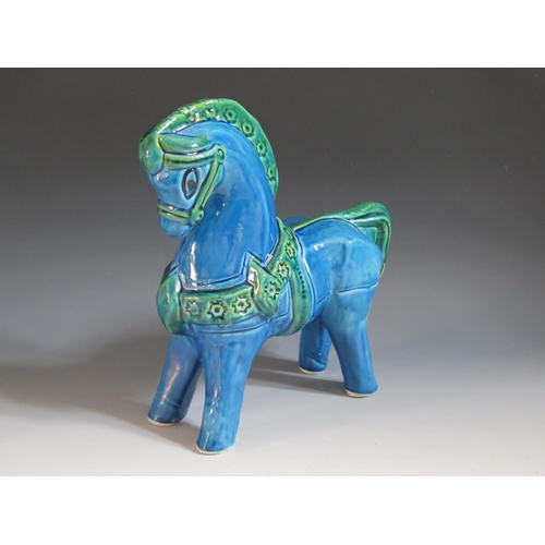 685a - A Bitossi Style Rimini Blue Majolica Horse, base of one foot marked ITALY, 28cm tall