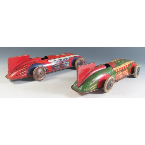 115 - Two Wells Brimtoy Tinplate Clockwork Racing Cars, Motors work (28.5cm approx).