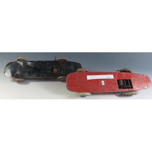 115 - Two Wells Brimtoy Tinplate Clockwork Racing Cars, Motors work (28.5cm approx).