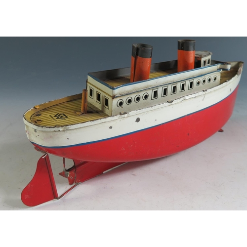 137 - A Scarce Bing (Germany) Clockwork Tinplate Ocean Liner Ship, Motor Works (27.5cm approx).