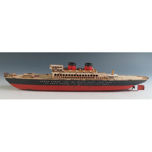 138 - A 1940's Clockwork Tinplate Ocean Liner Ship, Unknown Manufacturer, marked made in Germany U.S. Zone... 