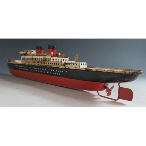 138 - A 1940's Clockwork Tinplate Ocean Liner Ship, Unknown Manufacturer, marked made in Germany U.S. Zone... 