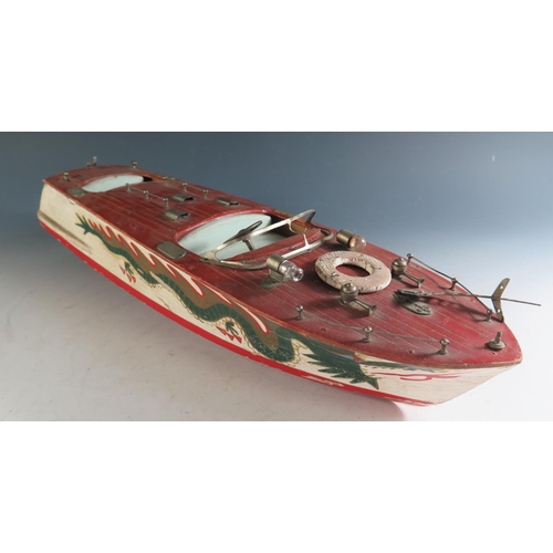 142 - A 1940's/50's ITO Japanese Wooden Boat, Battery Operated but needs repairing (52cm including rudder ... 