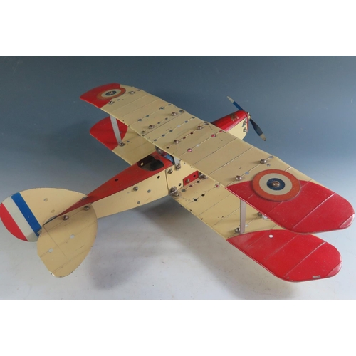 143 - A Scarce 1930's Meccano Aero Constructor Tinplate Clockwork RAF Bi-Plane in Red and Cream, Motor Tir... 