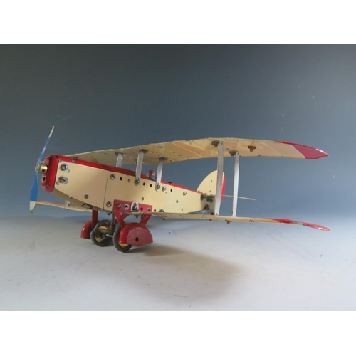 143 - A Scarce 1930's Meccano Aero Constructor Tinplate Clockwork RAF Bi-Plane in Red and Cream, Motor Tir... 