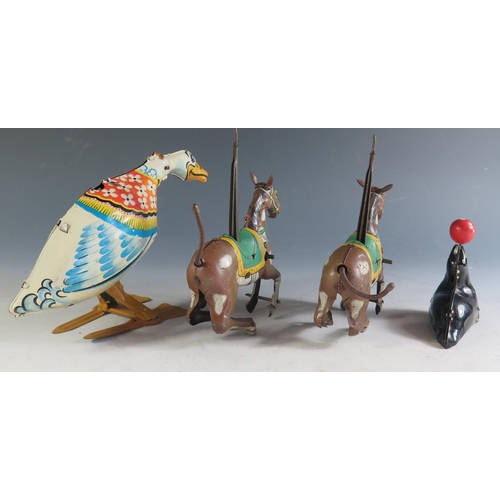 171 - Four Clockwork Tinplate Animals Including Two Japanese made horses and duck and seal both made in En... 