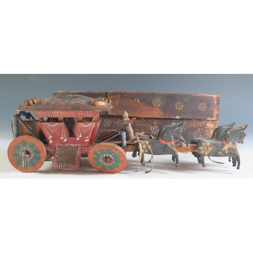 174 - A Rare German 18th Century Wooden, Hand Painted Four-In-Hand Coach Carriage (26cm approx) in it's or... 