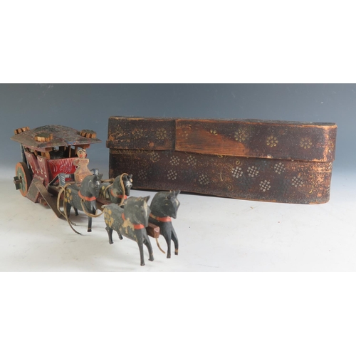 174 - A Rare German 18th Century Wooden, Hand Painted Four-In-Hand Coach Carriage (26cm approx) in it's or... 