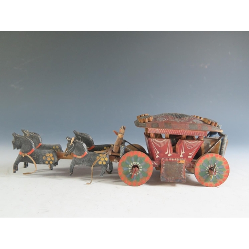 174 - A Rare German 18th Century Wooden, Hand Painted Four-In-Hand Coach Carriage (26cm approx) in it's or... 