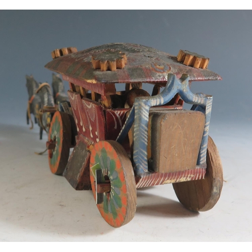 174 - A Rare German 18th Century Wooden, Hand Painted Four-In-Hand Coach Carriage (26cm approx) in it's or... 