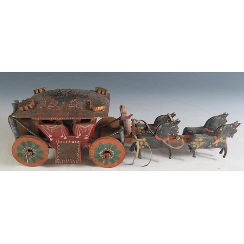 174 - A Rare German 18th Century Wooden, Hand Painted Four-In-Hand Coach Carriage (26cm approx) in it's or... 