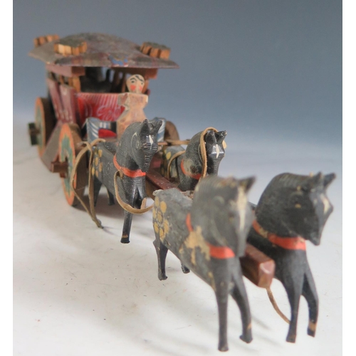 174 - A Rare German 18th Century Wooden, Hand Painted Four-In-Hand Coach Carriage (26cm approx) in it's or... 