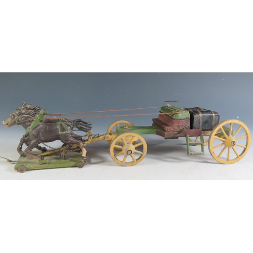 182 - A Wooden, Metal and Elastolin Two Horses and Cart (33cm approx).