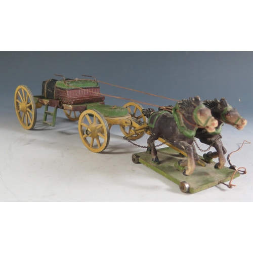 182 - A Wooden, Metal and Elastolin Two Horses and Cart (33cm approx).