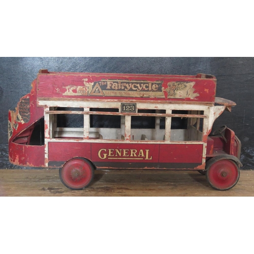 198 - A Scarce 1920's Large Triang Toys Wooden Open Topped Double Deck Bus (76cm approx).