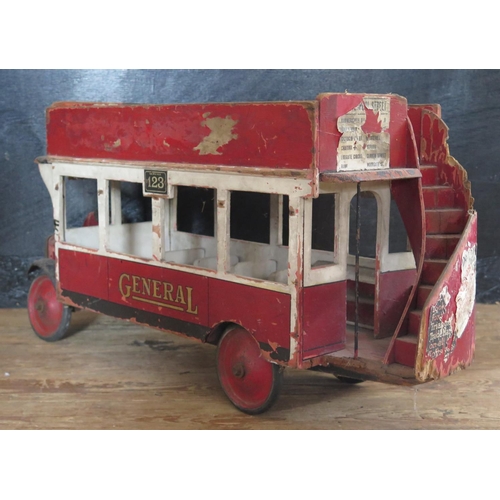 198 - A Scarce 1920's Large Triang Toys Wooden Open Topped Double Deck Bus (76cm approx).