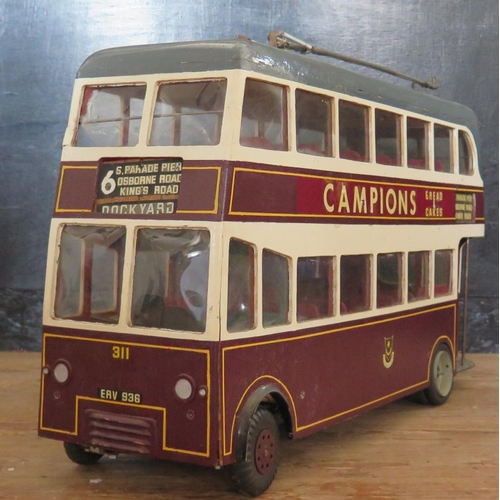 199 - A Large Handmade Powered Wooden Model of a Trolley Bus on Meccano Chassis, Not Tested (64cm approx).