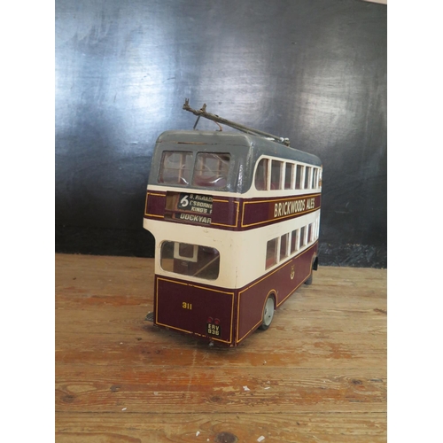 199 - A Large Handmade Powered Wooden Model of a Trolley Bus on Meccano Chassis, Not Tested (64cm approx).