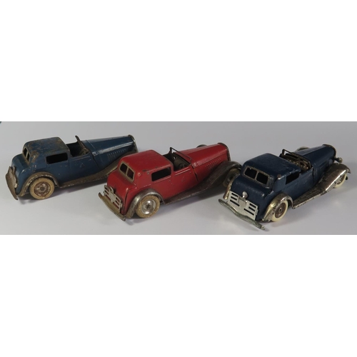 2 - Three Triang Minic 18M Vauxhall Town Coupe Cars in blue and red with chrome. One motor needs attenti... 