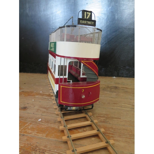 200 - A Large Handmade Powered Wooden Model of a Tram on a Mecanno Chassis, Not Tested (55cm approx).