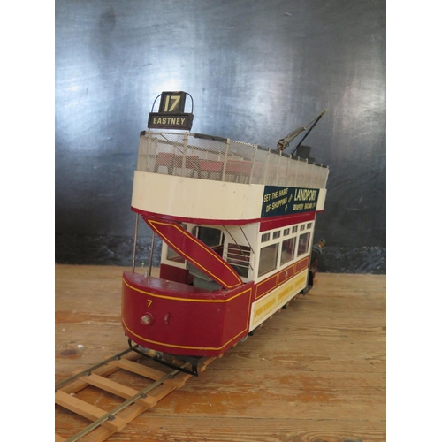 200 - A Large Handmade Powered Wooden Model of a Tram on a Mecanno Chassis, Not Tested (55cm approx).